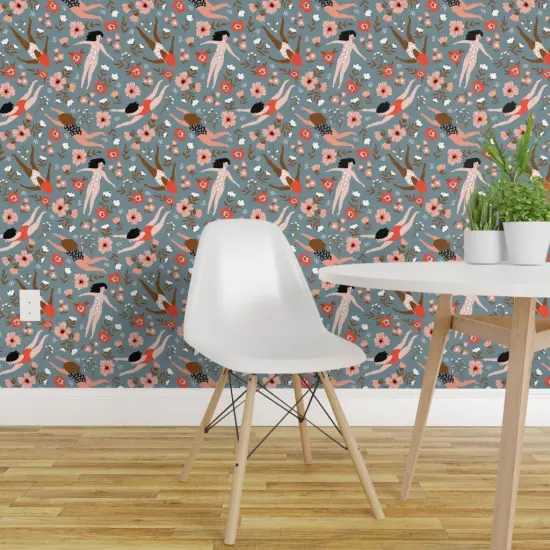 Pre-Pasted Wallpaper 2FT Wide Ditsy Floral Whimsical Swim Beach Lake Summer Feminine Small Scale Blue Red Custom Pre-pasted Wallpaper by Spoonflower {1}