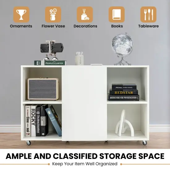 Wood Storage Cabinet with Wheels and 6 Compartments White {2}