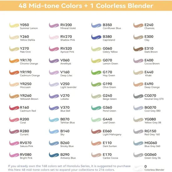 Ohuhu Honolulu B 48 Mid-tone Colors Alcohol-Based Markers - Dual Tip Brush & Fine {6}