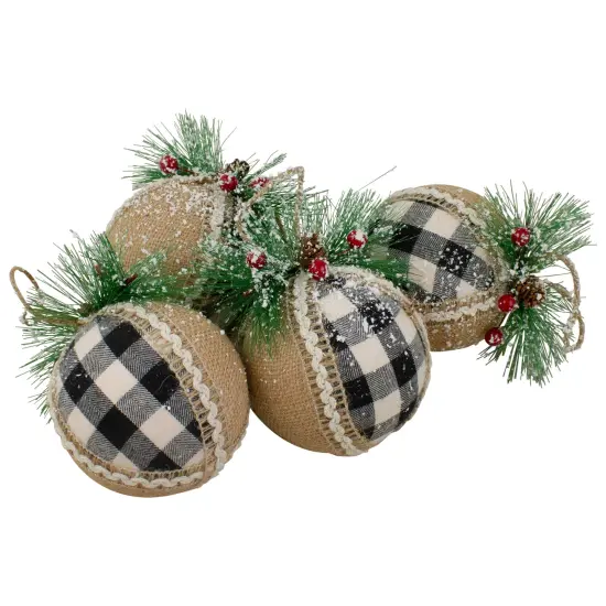 Northlight Plaid with Burlap Christmas Ball Ornaments - 6" (152mm) - Black and White - 4ct {4}