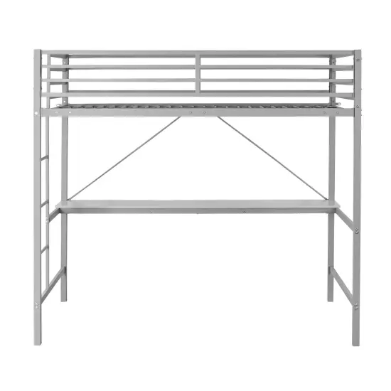 Emma and Oliver Jensen Metal Loft Bed Frame with Desk, Protective Guard Rails and Ladder for Kids, Teens and Adults White {8}