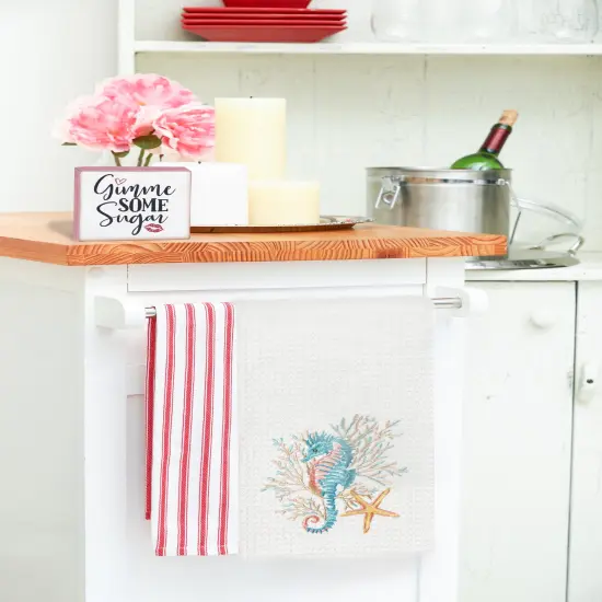 Seahorse And Coral Embroidered Waffle Weave Cotton Kitchen Towel {5}