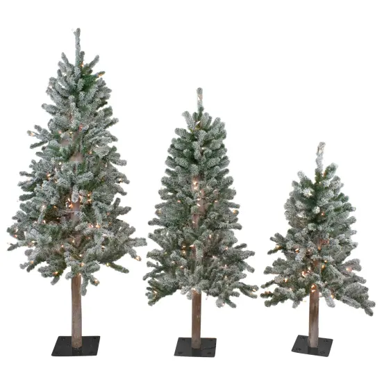 Northlight Pre-Lit Slim Flocked Alpine Artificial Christmas Trees - 5' - Clear Lights - Set of 3 Green {3}