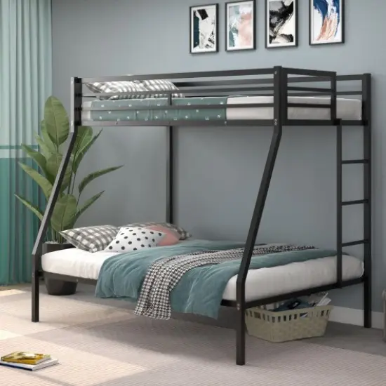 Metal Twin Over Full Bunk Bed, Sturdy, Modern and Safe Black {3}