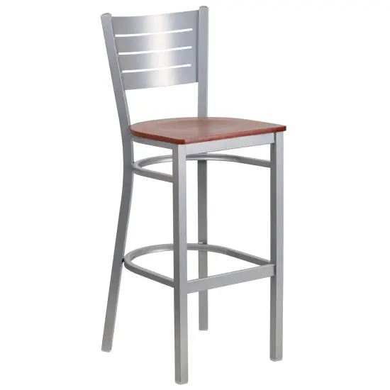 Emma and Oliver Silver Slat Back Metal Restaurant Dining Barstool CherryWood/Silver {1}