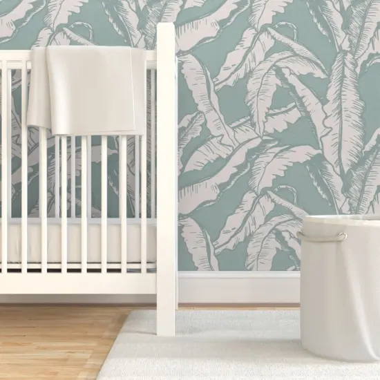 Pre-Pasted Wallpaper 2FT Wide Sage Green Minimal Tropical Flora Banana Leaf Rainforest Summer Island Custom Pre-pasted Wallpaper by Spoonflower {7}
