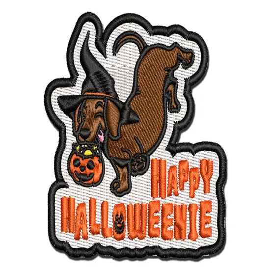 Happy Halloweenie Dachshund Weiner Dog Halloween Multi-Color Embroidered Iron-On or Hook & Loop Patch Applique {1}