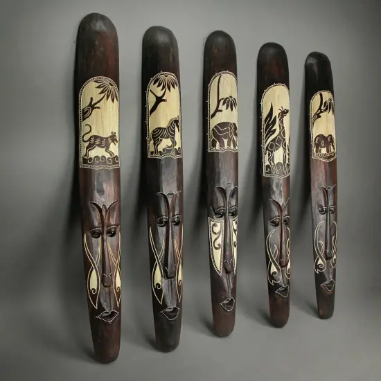Set of Five 39 Inch Hand Carved African Style Tribal Masks Wall Bar Decor {6}