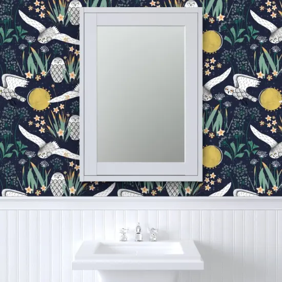 Pre-Pasted Wallpaper 2FT Wide Snowy Owls Botanical Folk Art Xl Scale Jumbo Mid Century Queen Anne Lace Cottagecore Custom Pre-pasted Wallpaper by Spoonflower {6}