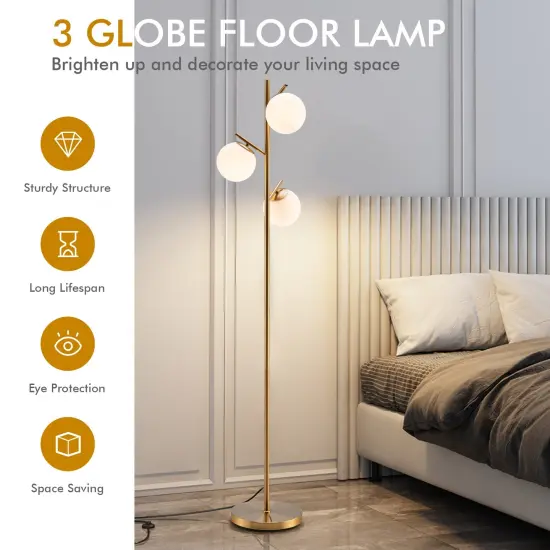 3-Globe Floor Lamp with Foot Switch and Bulb Bases-Golden {3}