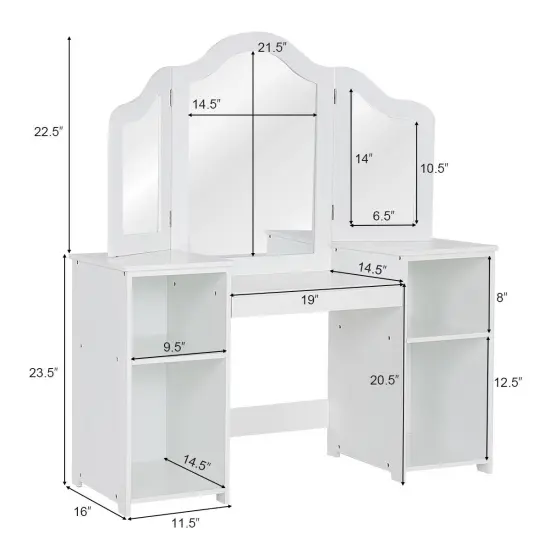 Multi-functional Kids Tri Folding Mirror Makeup Dressing Vanity Table Set with Large Storage Space White {4}
