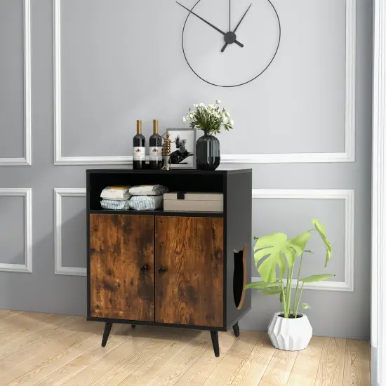 Industrial Cat Litter Box Enclosure with Entry and Open Compartment-Rustic Brown {6}