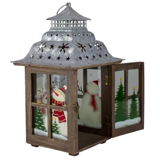 Northlight Rustic Wooden Snowman "Sweet Home" Pillar Candle Christmas Lantern - 16.5" Silver {5}