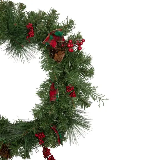 Northlight Pine Cones and Berries Artificial Christmas Wreath with Ribbon - 24" - Unlit Green {5}
