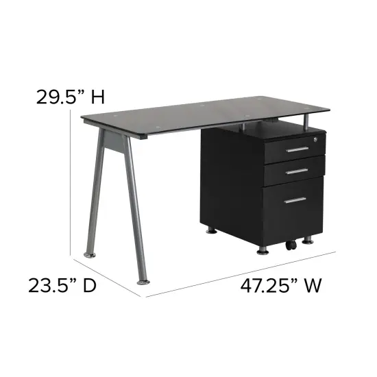 Emma and Oliver Computer Desk with Tempered Glass Top and Three Drawer Pedestal Black {5}