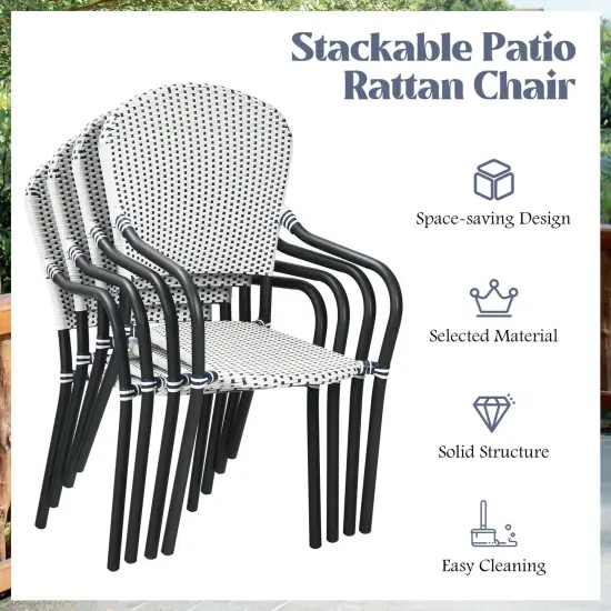 Set of 4 Patio Rattan Stackable Dining Chair with Armrest for Garden-White {5}