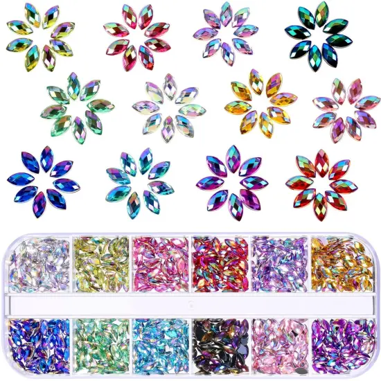 1200 Pieces 12 Colors Shiny Nail Rhinestones Horse Eye Rhinestones Flat Back Nail Gems Decorations Supplies with Box {2}