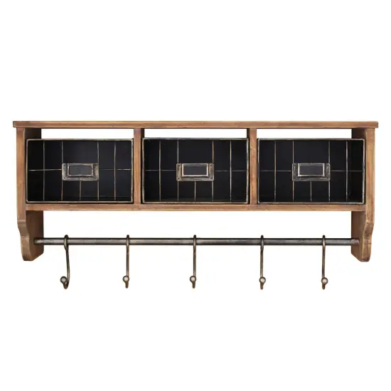 HBCY Creations Rustic Coat Rack Wall Mounted Shelf with Hooks & Baskets, Entryway Organizer Wall Shelf with 5 Coat Hooks and Cubbies Black Wash {8}