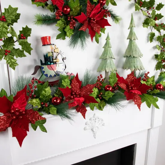 Northlight 48" Glittered Red Poinsettia and Long Pine Christmas Swag, Unlit {4}
