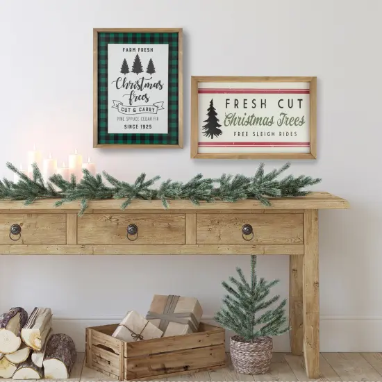 Northlight 16" Buffalo Plaid Wooden Framed "Farm Fresh Christmas Trees" Wall Decor Green {3}