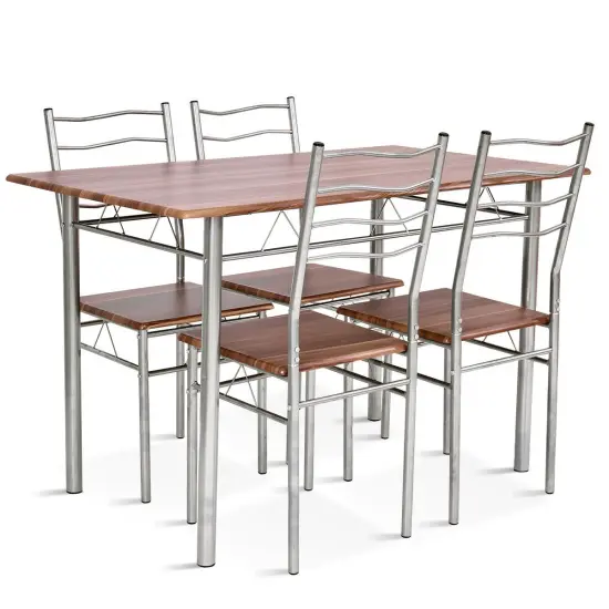 5 pcs Wood Metal Dining Table Set with 4 Chairs Walnut {3}