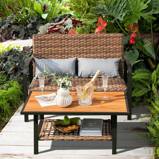 2 Pieces Patio Rattan Coffee Table Set with Shelf {2}