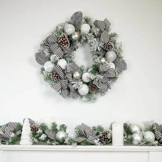 Northlight Frosted Pine Artificial Christmas Wreath with Striped Bows - 24" -Unlit White {3}