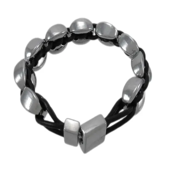 Black Leather And Chrome Marine Link Bracelet 7 Inch {3}
