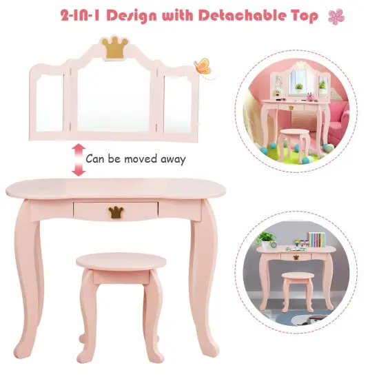 Kids Makeup Dressing Table with Tri-folding Mirror and Stool White {7}