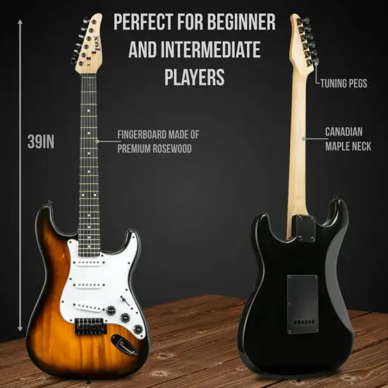 LyxPro Beginner Stratocaster 39” Electric Guitar and Electric Guitar Accessories Sunburst {4}