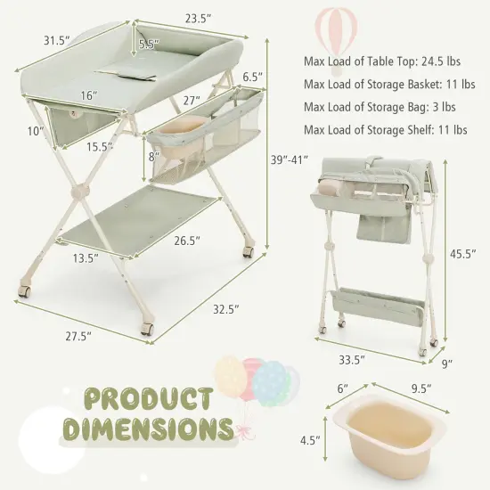 Baby Diaper Changing Table with Water Basin Wheel Green {4}