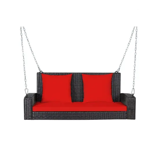 2-Person Patio Rattan Porch Swing with Cushions Red {3}