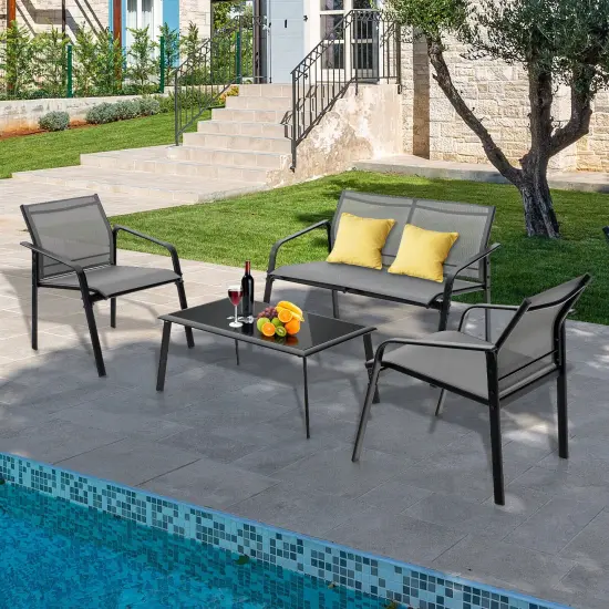 4 Pieces Patio Furniture Set with Armrest Loveseat Sofas and Glass Table Deck Grey {2}