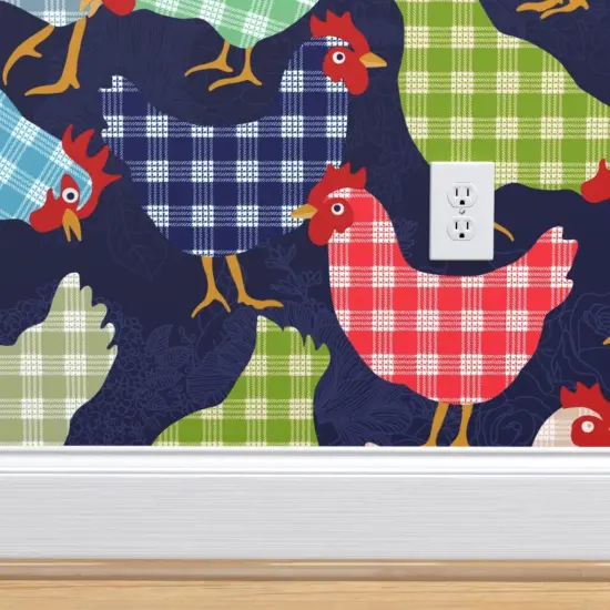 Pre-Pasted Wallpaper 2FT Wide Dark Blue Whimsical Animals Barnyard Multicolor Custom Pre-pasted Wallpaper by Spoonflower {4}