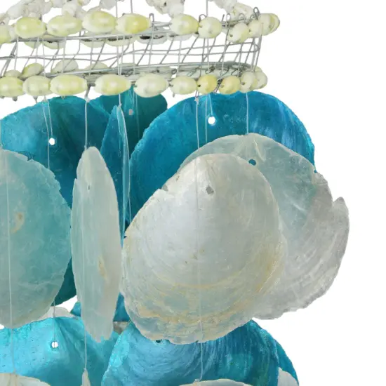 Set of 2 Coastal Blue and White Capiz and Cowrie Shell Wind Chimes Garden Patio {4}