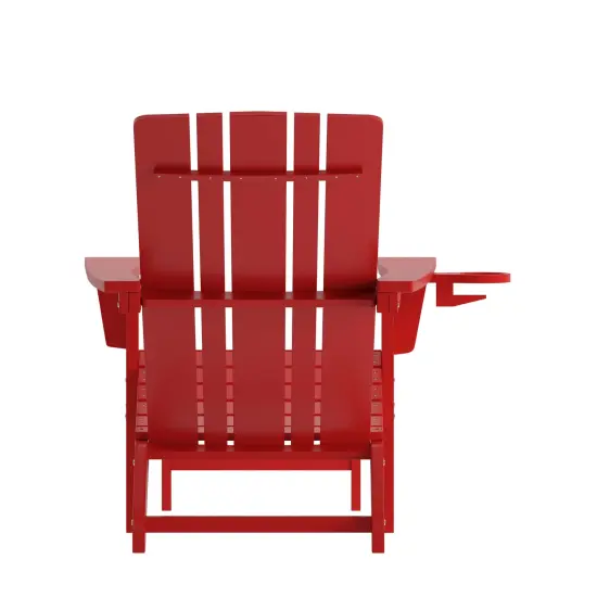 Merrick Lane Ridley HDPE Adirondack Chair with Cup Holder and Pull Out Ottoman, All-Weather HDPE Indoor/Outdoor Lounge Chair Red {4}