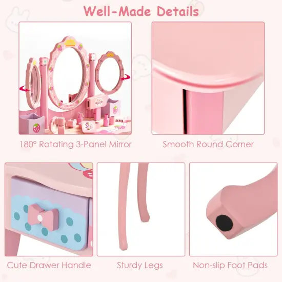 Kids Vanity Princess Makeup Dressing Table Chair Set with Tri-fold Mirror Pink {5}