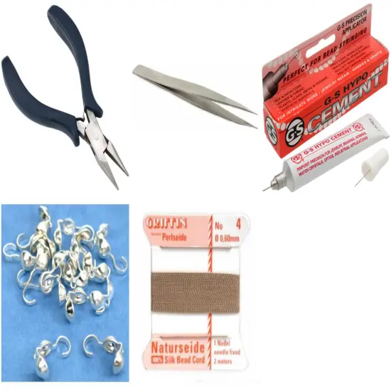 Bead Tip Kit - Pliers, Tweezers, Cement, 15 Bead Tips & Beige Bead Cord #4 {1}