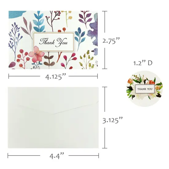 Wrapables Blank Thank You Cards with Envelopes & Seals for Weddings, Bridal Showers, Baby Showers (Set of 4), Blissful Bloom {5}