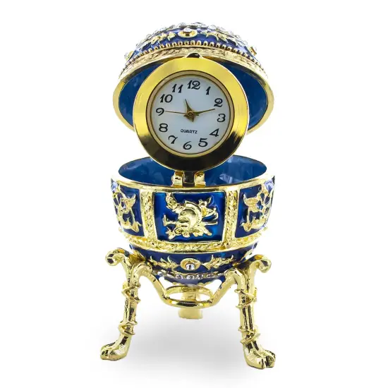 Blue Enamel Royal Inspired Imperial Easter Egg with Clock Surprise {1}