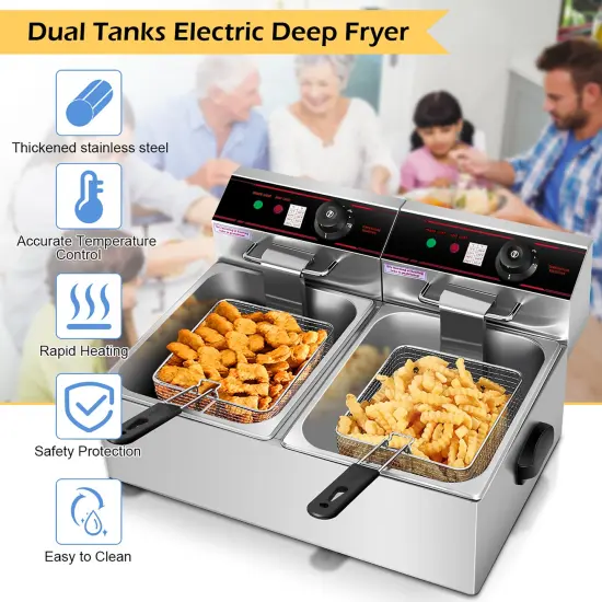 Costway 3400W Electric Countertop Deep Fryer Dual Tank Home Steel {5}