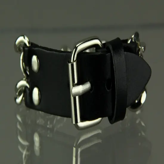 Double Row Curb Link Bracelet With Black Leather Clasp {3}
