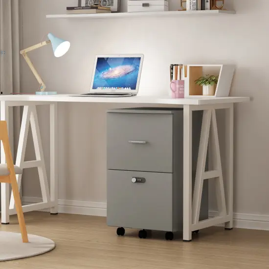 Pulley and Movable File cabinet with two drawers and lock for Hanging File Folders A4 or Letter Size | Small Rolling Printer Stand office storage cabinet White Gray {3}