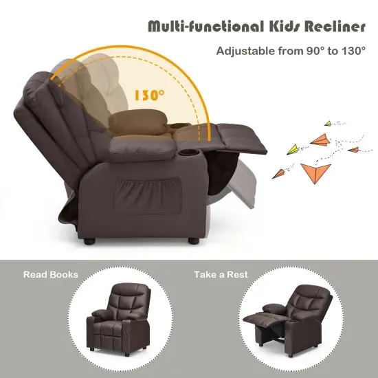 Kids Recliner Chair with Cup Holders Suitable for Children's Room, Living Room and Bedroom Brown {4}