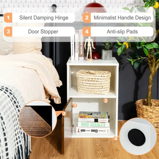 Set of 2 Side End Table Nightstands with Triangular Cut-Out Cabinet Door and Large Open Shelf White {3}