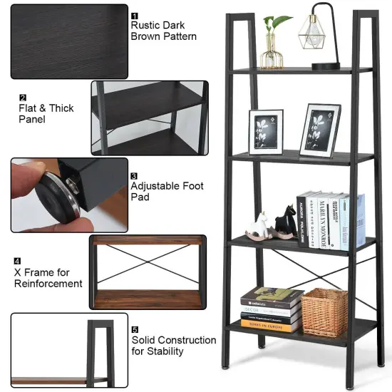 4-Tier Wood Ladder Shelf Display Rack with Metal Frame {4}