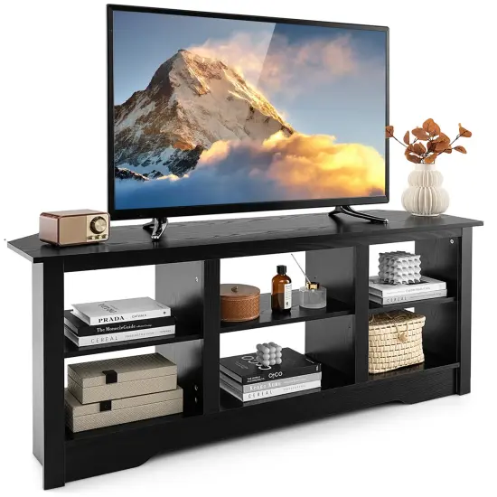 Costway 58" TV Stand with 6 Open Storage Shelves Shelf for 18 inch Fireplace(not included) Black/Grey {1}