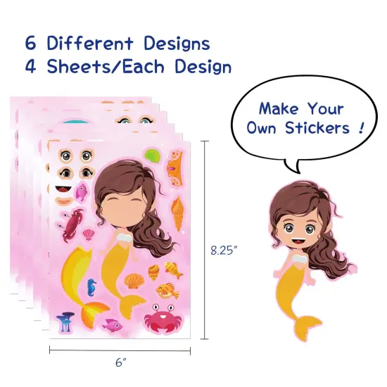 Wrapables Make Your Own Sticker Sheets, DIY Make a Face Animal, Food, Party Favor Stickers (24 Sheets) Mermaids {2}