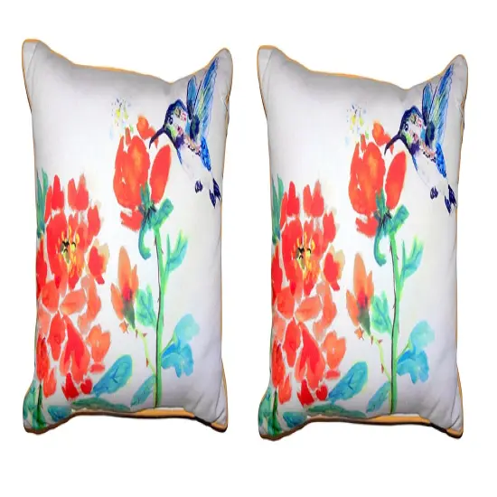 Pair Of Betsy Drake Hummingbird & Red Flower Large Indoor/Outdoor Pillows 16X20 {1}
