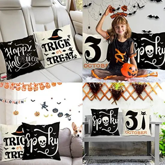 RioGree Halloween Decorations Pillow Covers 20x20 Set of 4 for Halloween Decor Indoor Outdoor, Party Supplies Farmhouse Home Decor Throw Pillows Cover Spider Web Cat Skull Decorative Cushion Case {2}